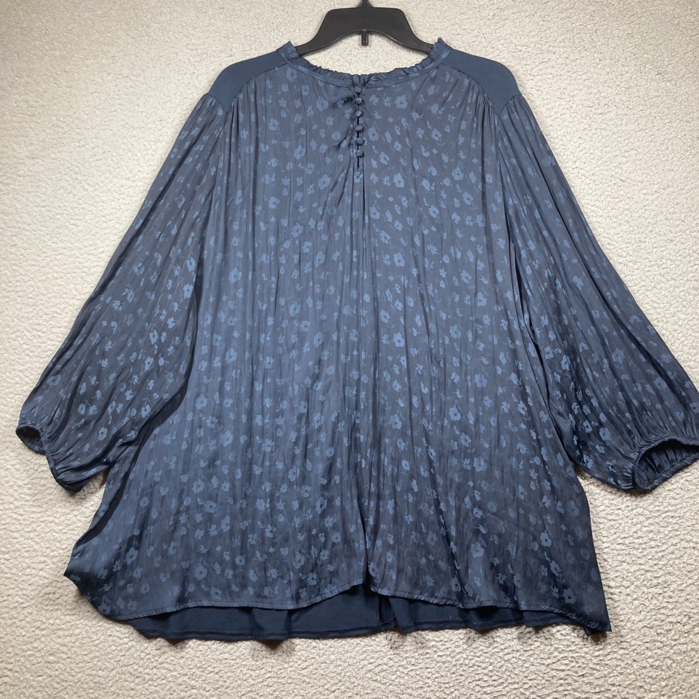 Lane Bryant Blouse Women 26/28 Navy Blue Floral Jacquard Mixed Media Ruffle Neck
